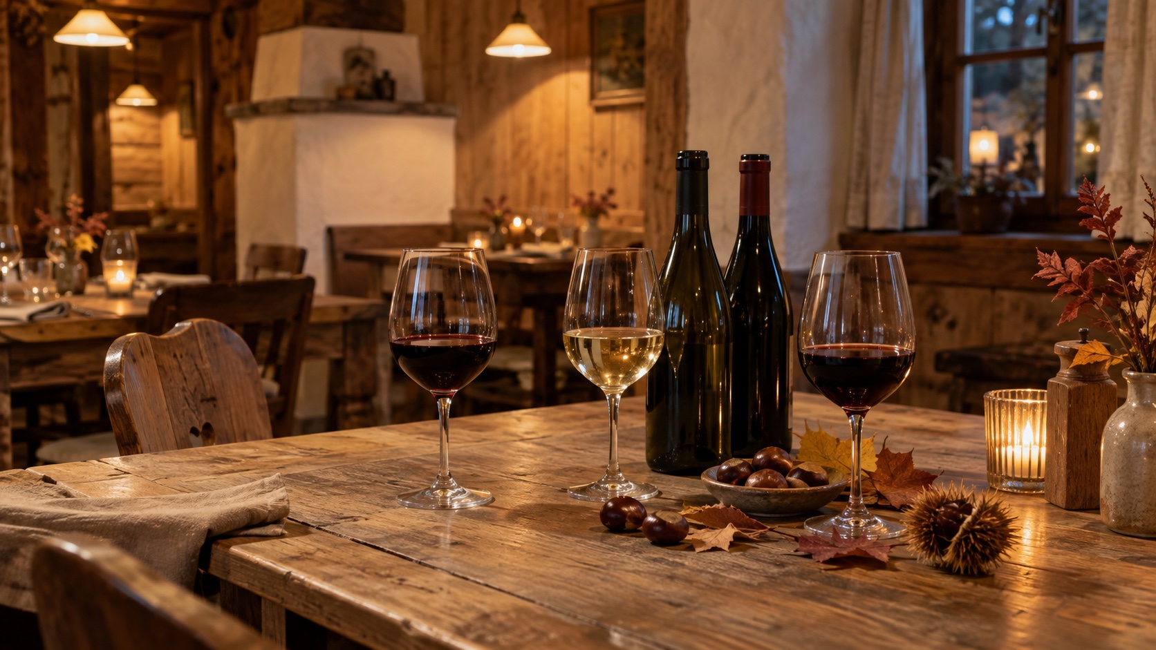 Rustikaler Holztisch mit Südtiroler Wein, gefüllten Weingläsern und Kastanien bei warmem Abendlicht